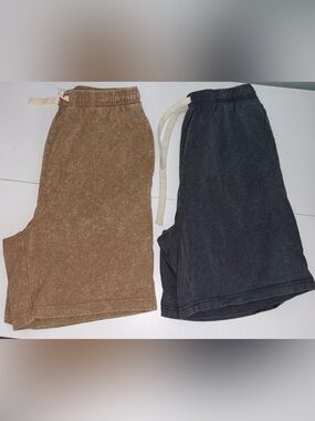 Mineral Wash Drawstring Shorts Duo - Brown & Charcoal